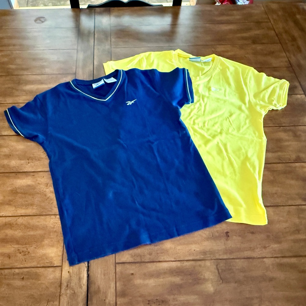 Reebok Womens Vintage V-Neck T-Shirt 2-Pack Blue Yellow Cotton Size L - RN 89421